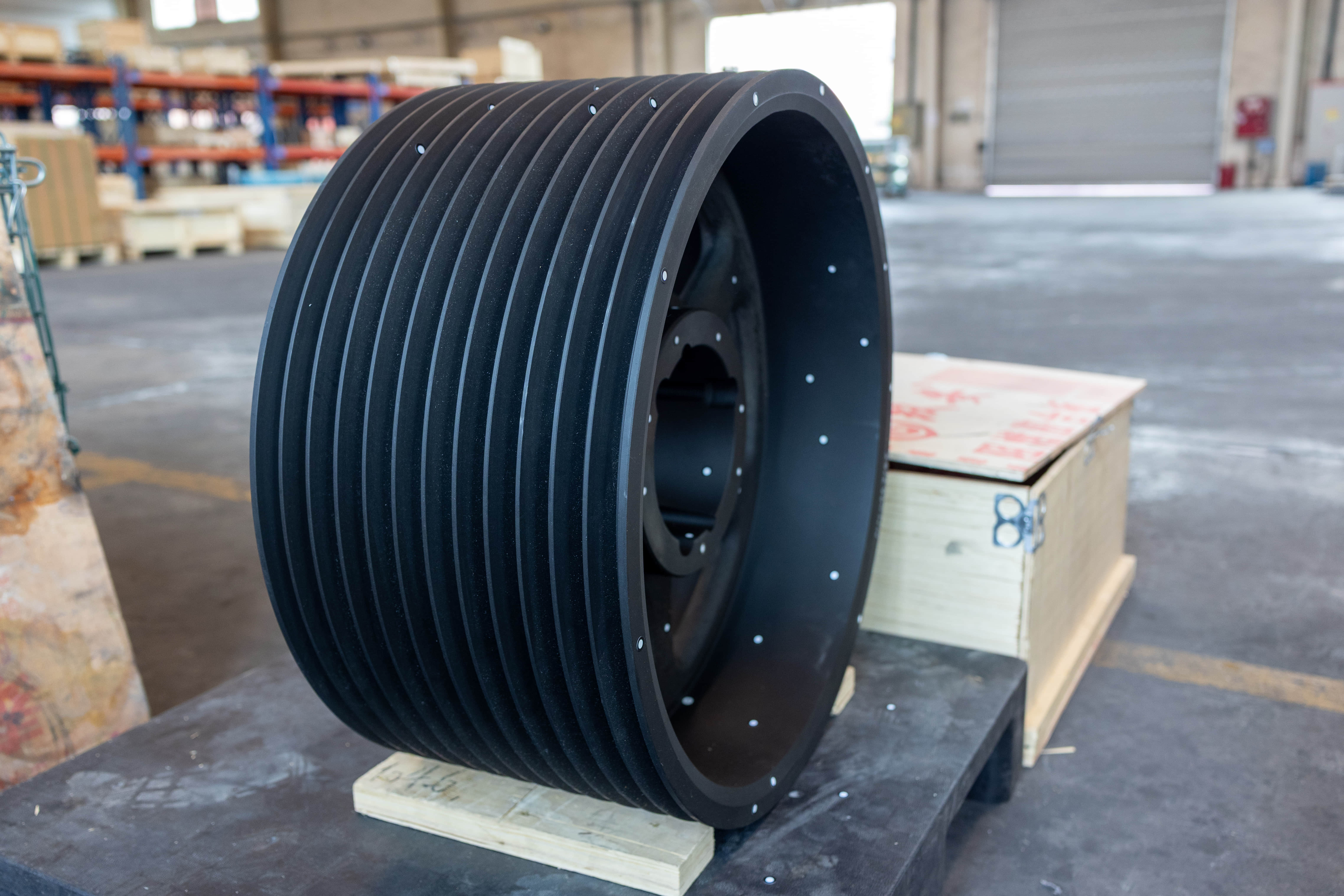 Cast pulley prepared with scan markers for dimensional inspection