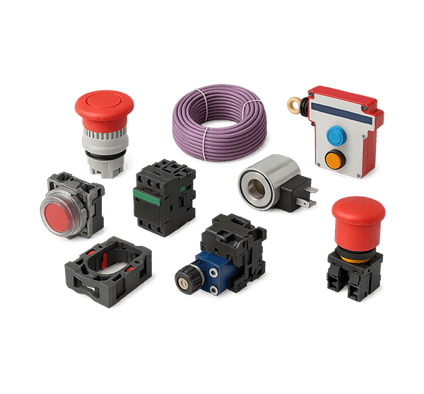 GUBT electrical components set including emergency stop buttons, relays, and cables, for crusher and mining equipment electrical systems