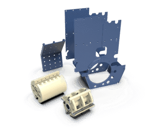 GUBT HSI crusher spares including rotor body, rotor shaft, blow bars, wedge blocks, impact aprons, and various horizontal shaft impact crusher parts