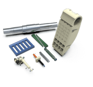 GUBT jaw crusher spares including eccentric shaft, crusher frame, toggle seat, adjustment shims, wedges, bearing housings, and grate bars