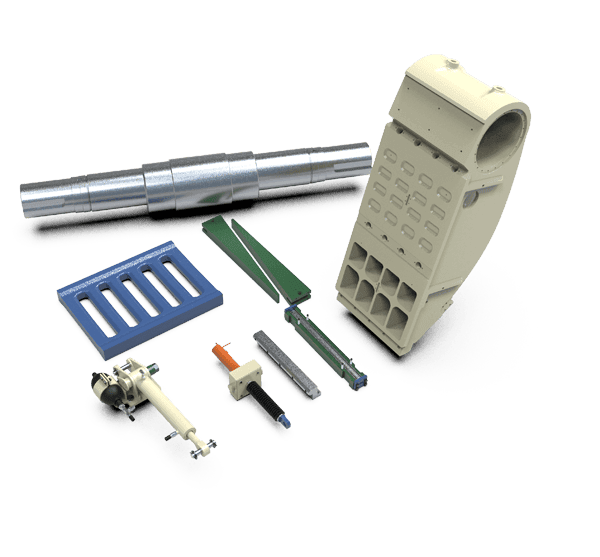 GUBT jaw crusher spares including eccentric shaft, crusher frame, toggle seat, adjustment shims, wedges, bearing housings, and grate bars