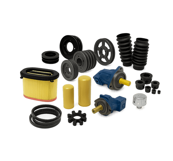 GUBT multi-size spare parts for crushers and mining equipment, including pump pulleys, corrugated hoses, V-belts, couplings, filter elements, and filters