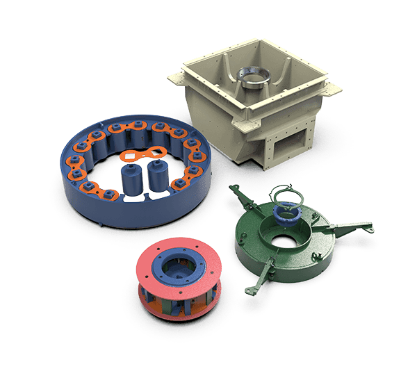 GUBT vertical shaft impact crusher spares assortment, including various VSI spare parts