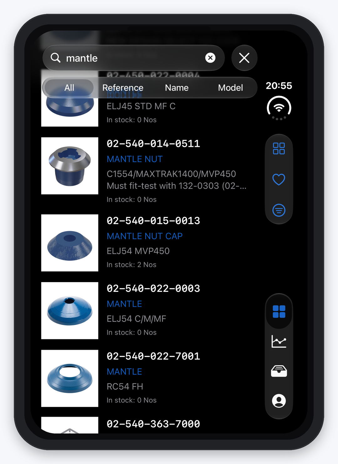 Dark-mode iPhone Parts search for mantle with stock counts and model match