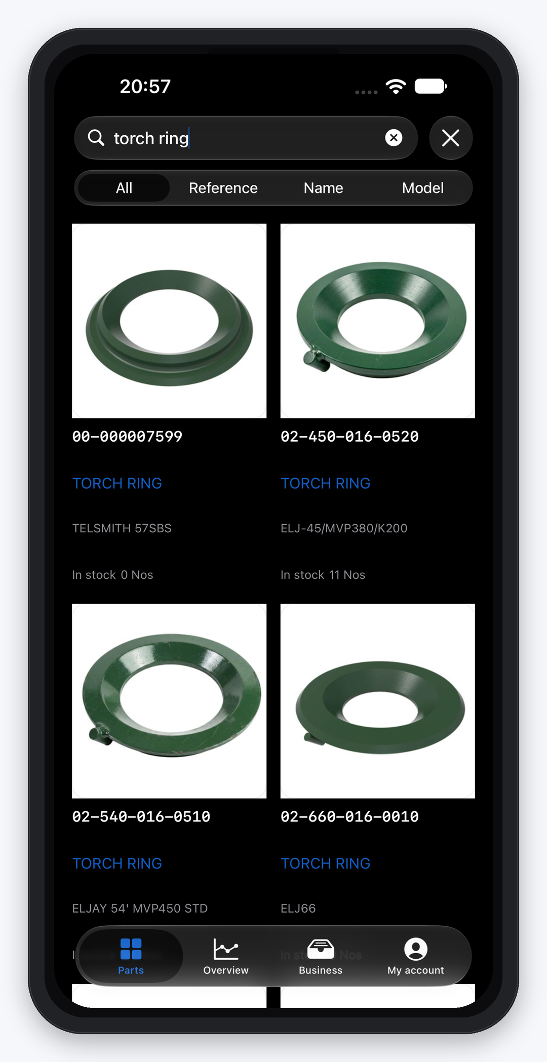 Dark-mode iPhone Parts search for torch ring with stock counts and model match