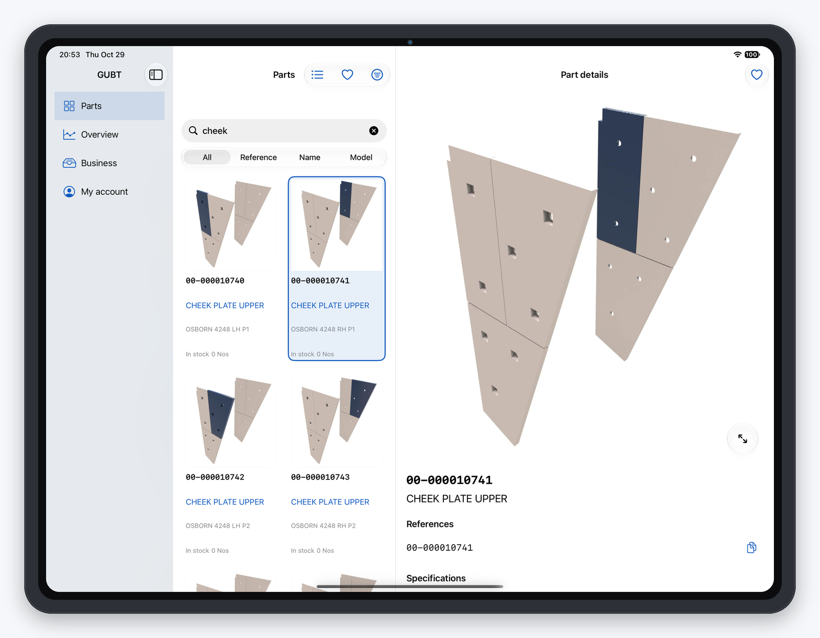 English iPad Parts searching cheek plates with selected part details and 3D preview